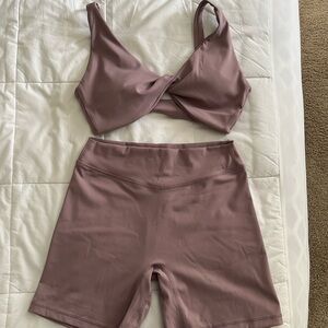 Liaison The Label x Sydney Adams collection twist bra and biker shorts MAUVE